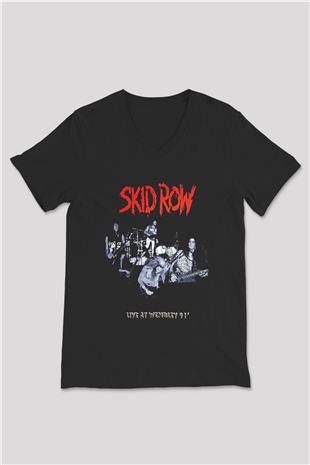 Skid Row Baskılı Unisex Siyah V Yaka Tişört - Tshirt
