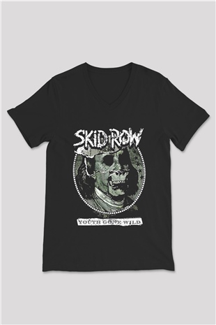 Skid Row Baskılı Unisex Siyah V Yaka Tişört - Tshirt