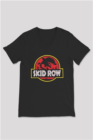 Skid Row Baskılı Unisex Siyah V Yaka Tişört - Tshirt