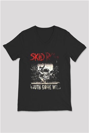 Skid Row Baskılı Unisex Siyah V Yaka Tişört - Tshirt