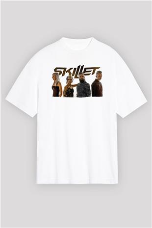 Skillet Baskılı Beyaz Unisex Oversize Tişört - Tshirt