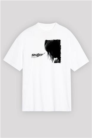 Skillet Baskılı Beyaz Unisex Oversize Tişört - Tshirt