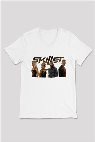 Skillet Baskılı Beyaz Unisex V Yaka Tişört - Tshirt