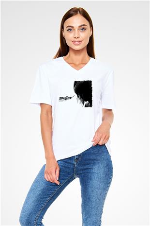 Skillet Baskılı Beyaz Unisex V Yaka Tişört - Tshirt