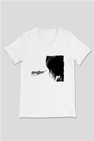 Skillet Baskılı Beyaz Unisex V Yaka Tişört - Tshirt