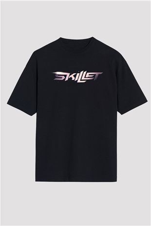 Skillet Baskılı Unisex Siyah Oversize Tişört - Tshirt