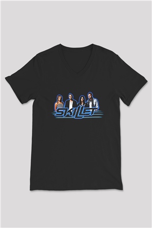Skillet Baskılı Unisex Siyah V Yaka Tişört - Tshirt