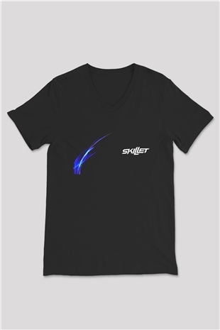 Skillet Baskılı Unisex Siyah V Yaka Tişört - Tshirt