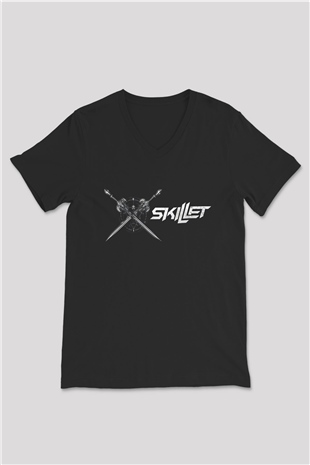 Skillet Baskılı Unisex Siyah V Yaka Tişört - Tshirt