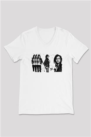 Skins Baskılı Siyah V Yaka Tişört Baskılı Beyaz Unisex V Yaka Tişört - Tshirt