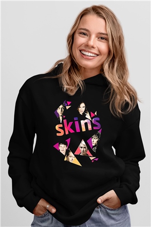 Skins Baskılı Unisex Siyah Hoodie