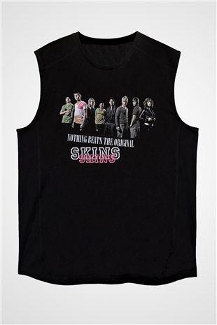 Skins Baskılı Unisex Siyah Kolsuz Tişört - Tshirt