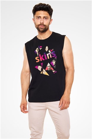 Skins Baskılı Unisex Siyah Kolsuz Tişört - Tshirt