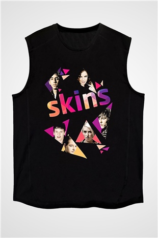 Skins Baskılı Unisex Siyah Kolsuz Tişört - Tshirt
