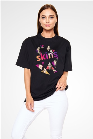 Skins Baskılı Unisex Siyah Oversize Tişört - Tshirt