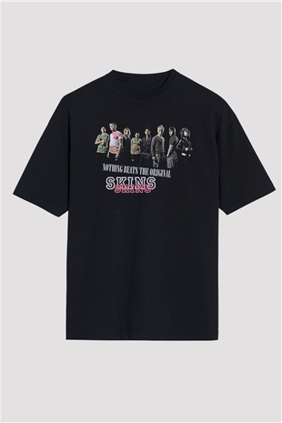 Skins Baskılı Unisex Siyah Oversize Tişört - Tshirt