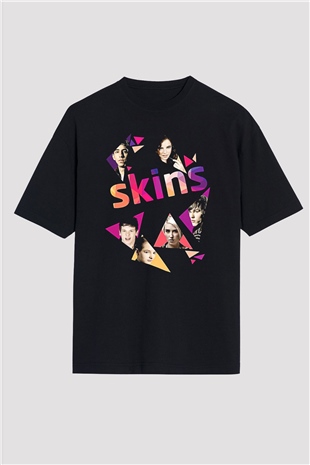 Skins Baskılı Unisex Siyah Oversize Tişört - Tshirt