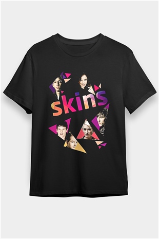 Skins Baskılı Unisex Siyah Tişört - Tshirt