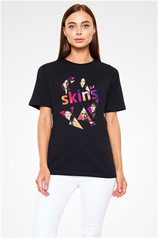Skins Baskılı Unisex Siyah Tişört - Tshirt