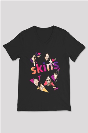 Skins Baskılı Unisex Siyah V Yaka Tişört - Tshirt