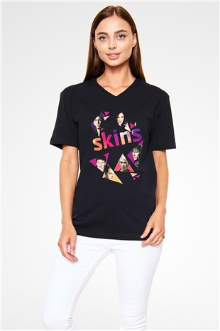 Skins Baskılı Unisex Siyah V Yaka Tişört - Tshirt