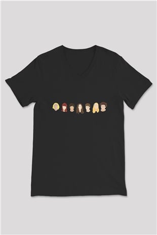 Skins Baskılı Unisex Siyah V Yaka Tişört - Tshirt