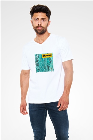 Skream Baskılı Beyaz V Yaka Unisex Tişört