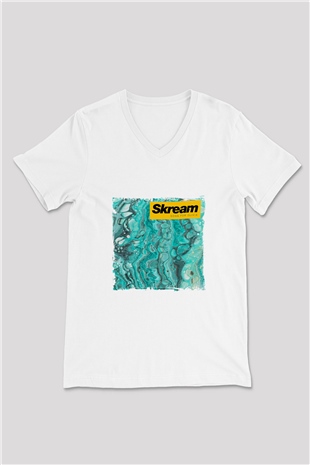 Skream Baskılı Beyaz V Yaka Unisex Tişört