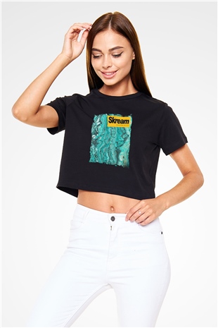 Skream Baskılı Crop Top Siyah Kadın Tişört