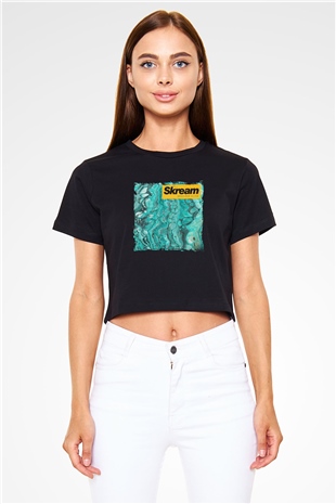 Skream Baskılı Crop Top Siyah Kadın Tişört
