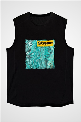 Skream Baskılı Unisex Siyah Kolsuz Tişört