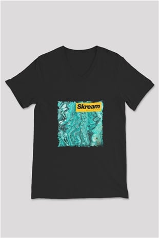Skream Baskılı Unisex Siyah V Yaka Tişört
