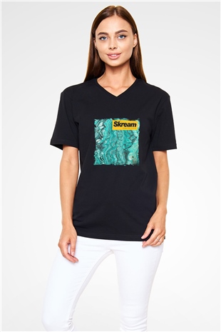 Skream Baskılı Unisex Siyah V Yaka Tişört