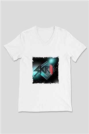 Skrillex Baskılı Beyaz V Yaka Unisex Tişört