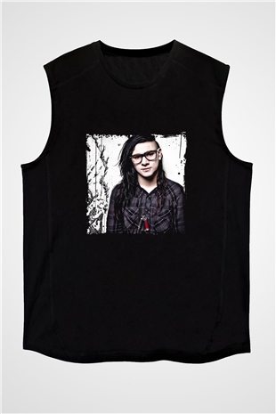 Skrillex Baskılı Unisex Siyah Kolsuz Tişört