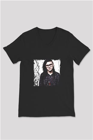 Skrillex Baskılı Unisex Siyah V Yaka Tişört