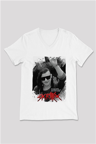 Skrillex Beyaz Unisex V Yaka Tişört
