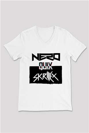 Skrillex Beyaz Unisex V Yaka Tişört
