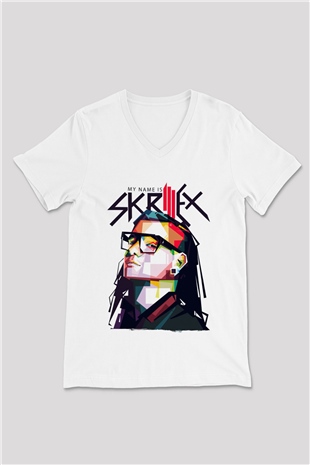 Skrillex Beyaz Unisex V Yaka Tişört