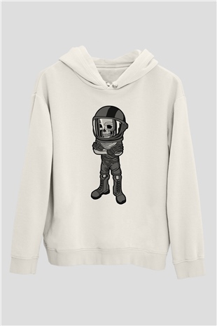 Skull Helmet Baskılı Beyaz Unisex Hoodie