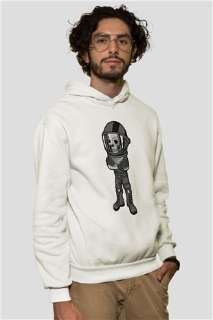 Skull Helmet Baskılı Beyaz Unisex Hoodie