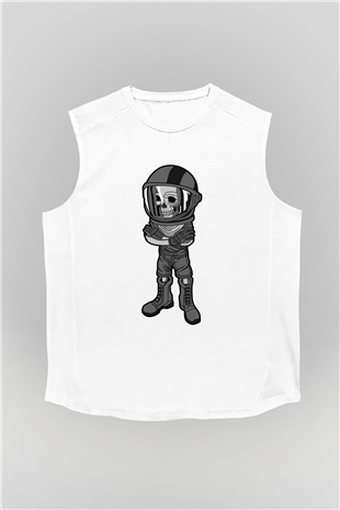 Skull Helmet Baskılı Beyaz Unisex Kolsuz Tişört