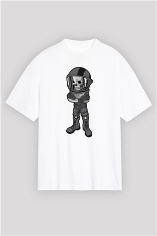 Skull Helmet Baskılı Beyaz Unisex Oversize Tişört