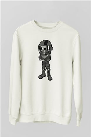 Skull Helmet Baskılı Beyaz Unisex Sweatshirt
