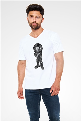 Skull Helmet Baskılı Beyaz Unisex V Yaka Tişört