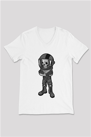 Skull Helmet Baskılı Beyaz Unisex V Yaka Tişört