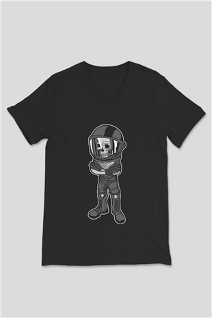 Skull Helmet Baskılı Siyah Unisex V Yaka Tişört