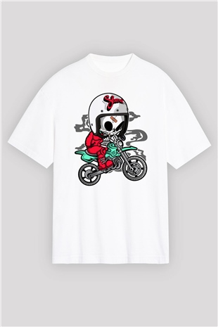 Skull Motocrosser Baskılı Beyaz Unisex Oversize Tişört