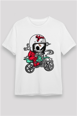 Skull Motocrosser Baskılı Beyaz Unisex T-Shirt