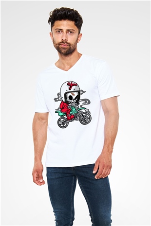 Skull Motocrosser Baskılı Beyaz Unisex V Yaka Tişört